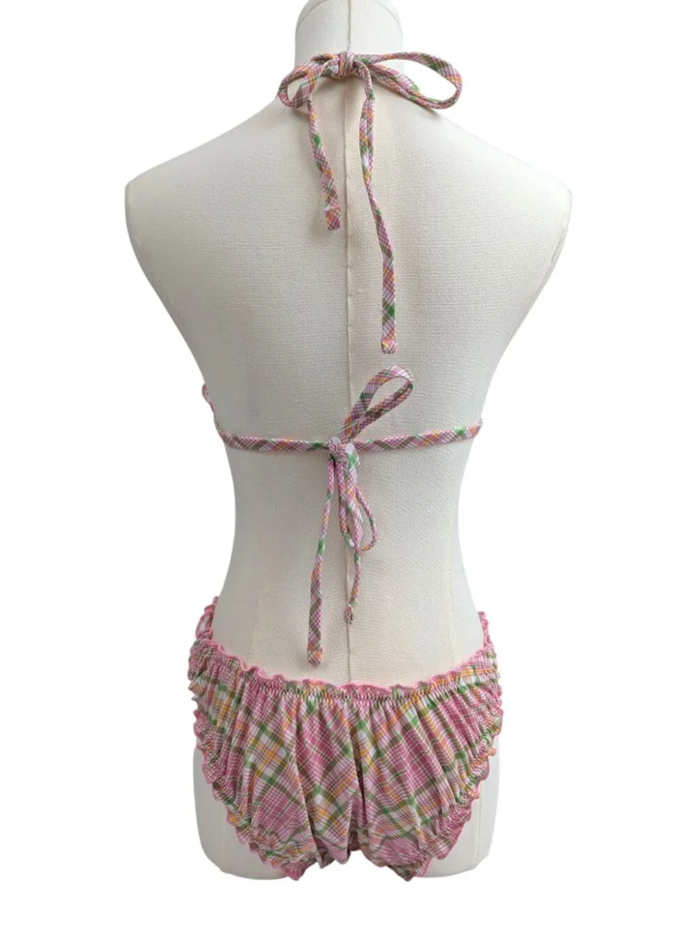 Pink X Frankie's Bikinis Pink Green Bikini Set Strawberry Plaid Ruffle Size M